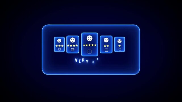 A digital interface five rating cards with varying customer satisfaction levels indicated by facial emoticons and star ratings against a dark blue background with glowing neon blue borders