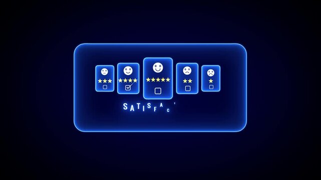 A digital interface five rating cards with varying customer satisfaction levels indicated by facial emoticons and star ratings against a dark blue background with glowing neon blue borders