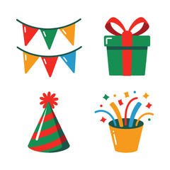 Fototapeta premium Spring celebration kit, bunting flags, wrapped gift, party hat, confetti burst, Easter community picnic poster, family event session vector