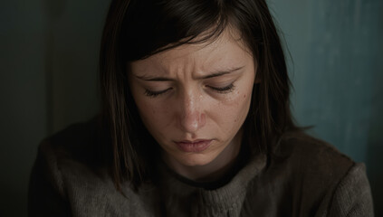 Fototapeta premium Young woman with tearful expression and downward gaze in moody portrait