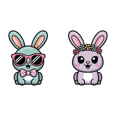 Obraz premium Cool spring bunnies wearing sunglasses and flower crown, cute rabbit character vector for easter party invitation, kids apparel, sticker design