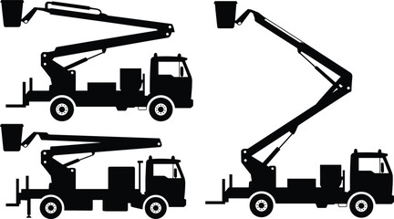 Cherry picker bucket truck silhouette vector set showing articulated boom lift vehicles for construction maintenance industrial work design © rakib's world