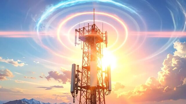 Telecommunication tower transmitting signals with a vibrant sunset and mountain background.
