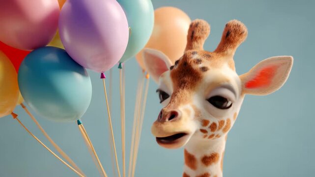 A giraffe standing among colorful balloons, creating a whimsical and cheerful scene.