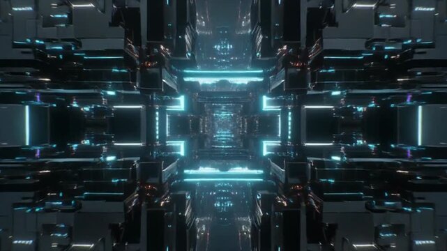 Immersive journey through a dark, complex futuristic tunnel illuminated by radiant blue neon lights, suggesting a digital pathway or conceptual hyperspace