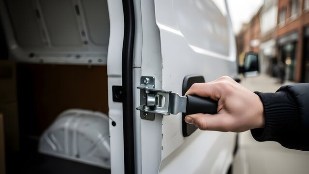 Hand closing van door on city street.
