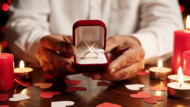 Man opens ring box with diamond, surrounded by candles and hearts, proposal concept