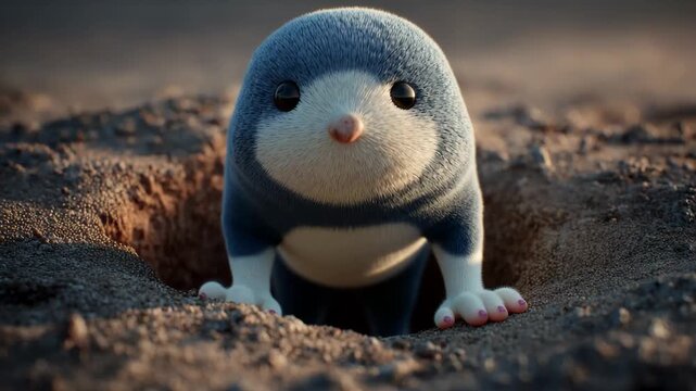 A mole pokes its head out of a small hole in the ground, showcasing its dark fur and curious expression.