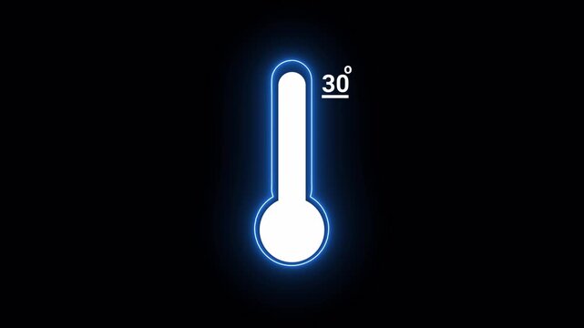 
                      Glowing Blue Thermometer with 30 Degrees Temperature Reading on Black Background heat weather with Alpha channel.
