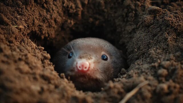 A mole pokes its head out of a small hole in the ground, showcasing its dark fur and curious expression.