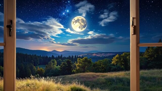 View from a window with curtains, showcasing a full moon and starry night.