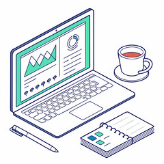 Laptop with financial charts on screen next to notebook and coffee cup