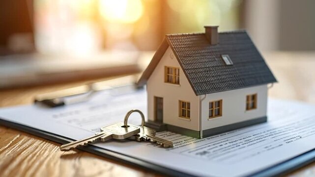 Miniature house model with keys and contract document, symbolizing real estate investment.