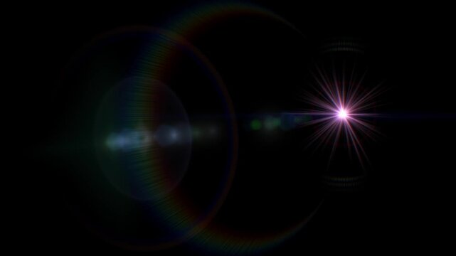 White light with pink rays radiates amid colorful circles and lines on black