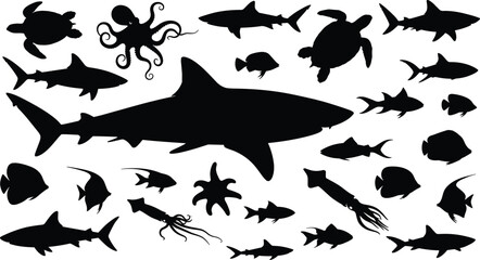 Marine animal silhouettes collection featuring shark fish turtle octopus squid sea creatures black shapes isolated on white background illustration set © Miss