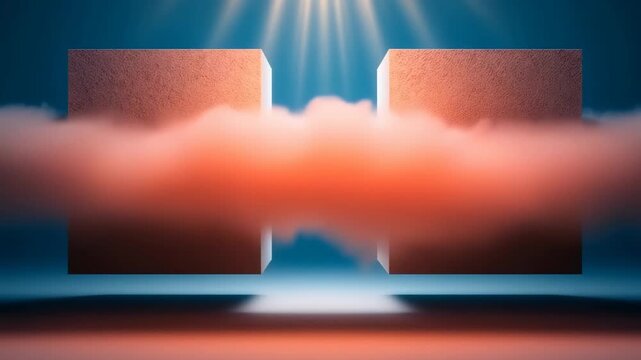 Abstract Cloud Burst Between Minimal White Concrete Blocks, Surreal 3D Background
