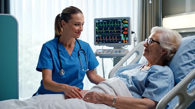 Caring nurse supporting elderly patient in hospital bed with heart monitor, symbolizing compassion, healthcare service, recovery, senior care, and professional medical treatment in a clinical setting.