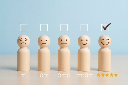 Wooden figures representing feedback scale with checked box and five gold stars on blue background