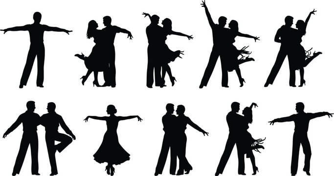 Silhouettes of ballroom and latin dance couples performing elegant poses, professional dancers in romantic embrace, tango and salsa dance moves, isolated vector set