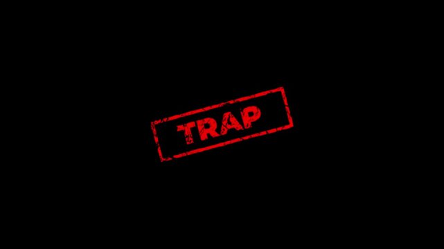 Animated Vibrant Red grunge rubber stamp with Trap text, isolated on transparent background.Rubber, seal, red, vintage effect, textured, motion graphics for video content and web.