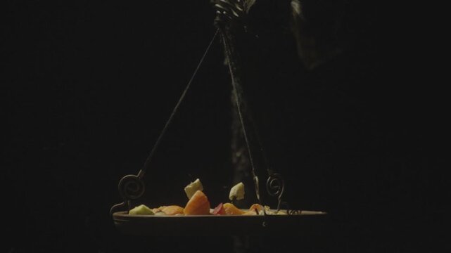 Close up of a bushbaby animal jumping on a hanging plate and feeding on fresh food against a pitch-black background