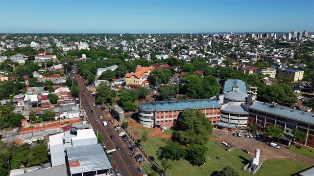 Aerial drone establishing shot over Hospital Escuela de Agudos Dr Ram&oacute;n Madariaga in Posadas Misiones Argentina showing hospital complex