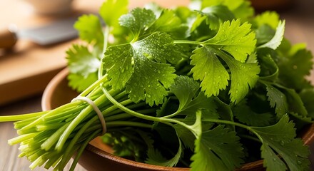 Fresh Cilantro Bunch in Bowl - A Vibrant Culinary Herb.