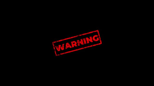Animated Vibrant Red grunge rubber stamp with Warning text, isolated on transparent background.Rubber, seal, red, vintage effect, textured, motion graphics for video content and web.