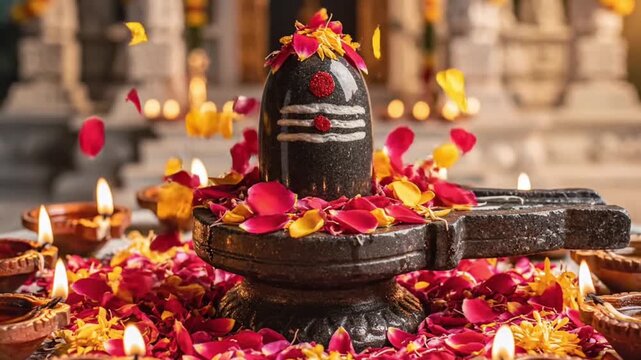 Shiva lingam decorated with flowers and candles during maha shivaratri festival. 