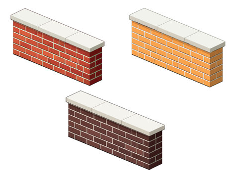 Isometric illustration brick wall segments set featuring different colored bricks and coping stones for architectural design