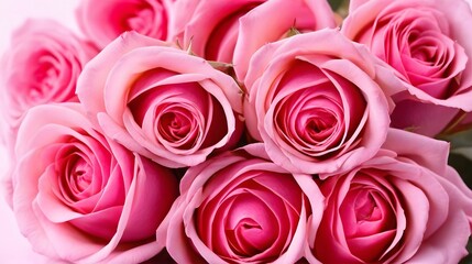 A beautiful bouquet of vibrant pink roses is displayed close up, showcasing their delicate petals and intricate swirls, evoking feelings of love and tenderness.