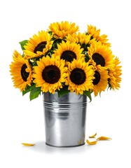 Obraz premium Close-up of vibrant yellow sunflowers arranged in a metallic bucket against a white background