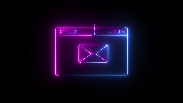 Glowing magenta and cyan neon browser window animation featuring an email envelope on a black background, communication, email, messaging, or internet