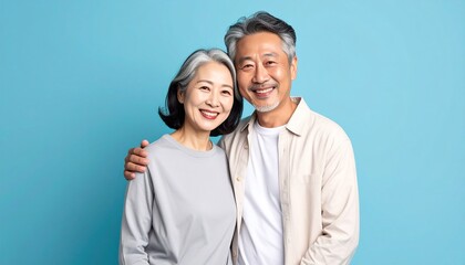 Fototapeta premium Elderly Couple Standing Together Smiling at the Camera in a Studio Setting with a Blue Background