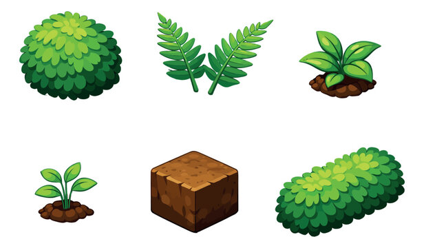 Isometric game assets set featuring green bushes, plants, and a dirt block for environment design