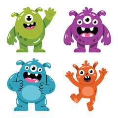 Fototapeta premium Colorful monster squad vector with green hopper, purple grinner, blue strongman, orange buddy, Halloween fair poster, youth event branding