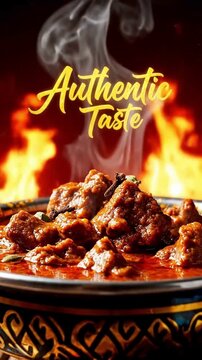 Authentic taste delicious spicy indian mutton rogan josh curry closeup with steaming smoke floating above hot meat dish dynamic food preparation video clip