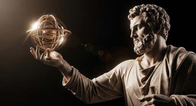 Ancient Greek sculpture of a philosopher holding an armillary sphere, symbolizing wisdom and astronomy