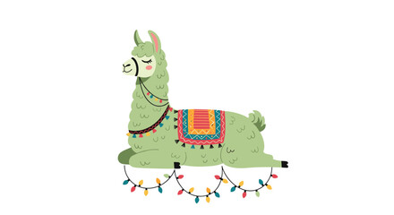 Fototapeta premium Adorable cartoon llama sitting peacefully, decorated with a colorful blanket and festive Christmas lights, bringing cheer and charm.