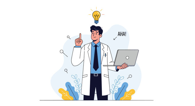 Intelligent male doctor or scientist experiencing a brilliant "AHA!" moment, with a lightbulb above his head, holding a laptop.