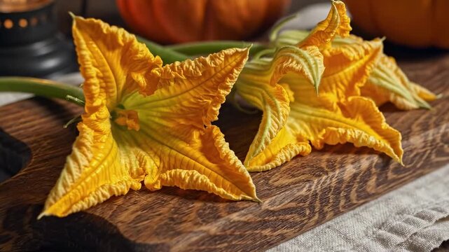 flower pumpkin. Fresh, vibrant yellow zucchini flowers rest on a rustic wooden cutting board, accompanied by a cozy ambiance created by a softly glowing lantern and a pumpkin in the background