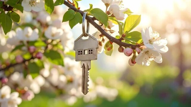 House key hanging on a blossoming tree branch, symbolizing new beginnings and home ownership.