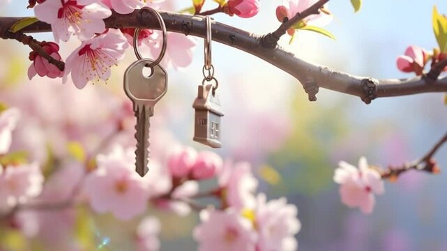 Close-up of a key and house-shaped keychain hanging from a blossoming tree branch.