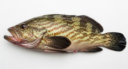 Close-up of a fresh grouper fish on white background.