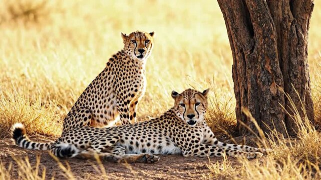Two cheetahs rest in tall, dry grass beneath a tree in sunlight. One sits, the other reclines