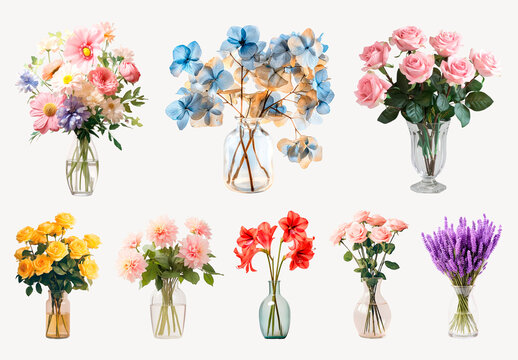 Colorful Floral Arrangements In Vases Element Design Set