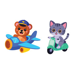 Bear pilot flying toy airplane and kitten riding scooter, transport characters for kids invitation, nursery poster, birthday party design © kdpprosolutions2015