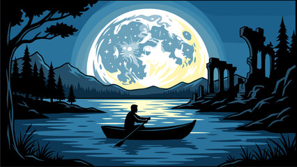 Tranquil Night: Rower on Lake Under Giant Full Moon, Silhouetted Mountains & Ancient Ruins