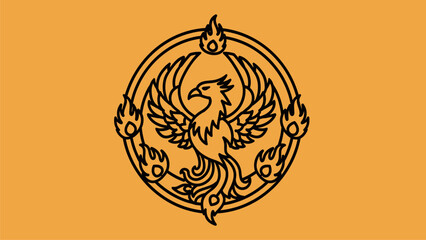 Phoenix Bird Emblem with Flames in Circle on Orange Background Vector Art