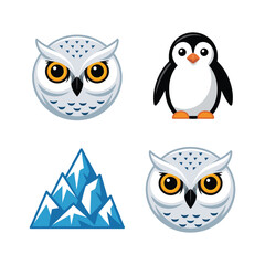 Obraz premium Arctic wildlife icons, snowy owl faces, cute penguin, ice mountains, winter festival poster design, wildlife education session graphics vector